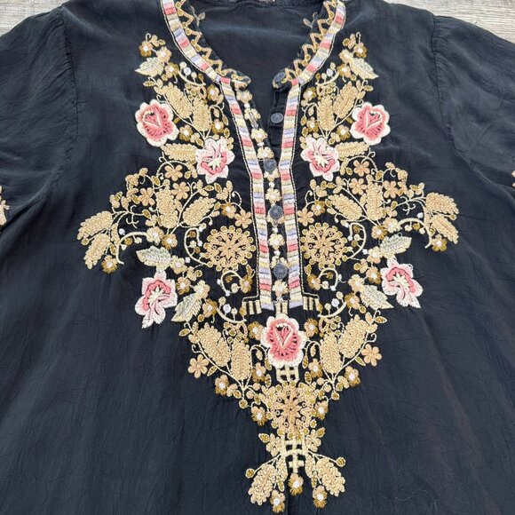 Johnny Was black heavily embroidered floral tunic short sleeve FLAWED large I46 - Picture 4 of 10